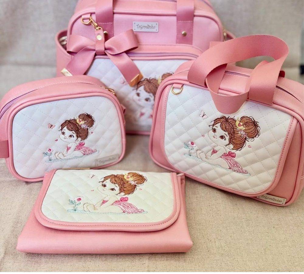 Kit maternidade rosa com bordado de menina em matelassê