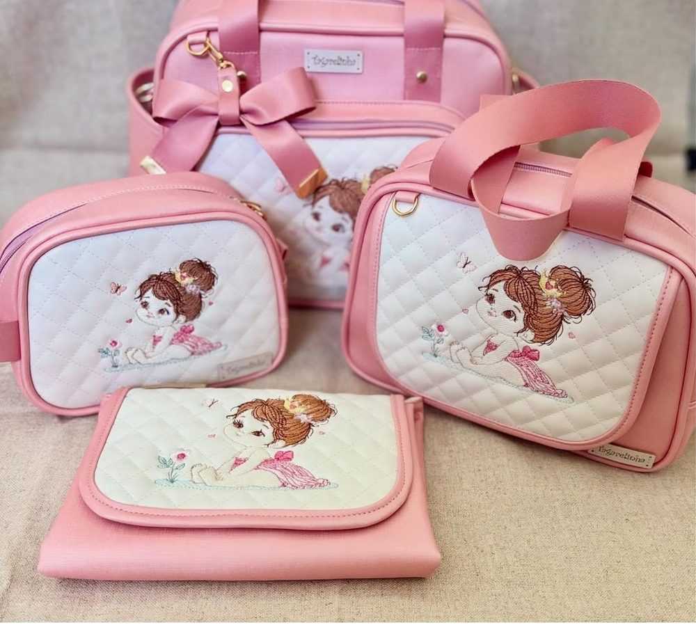 Kit maternidade rosa com bordado de menina em matelassê